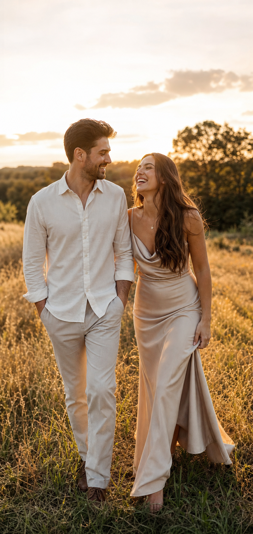 Couple walking together in golden-hour grass.