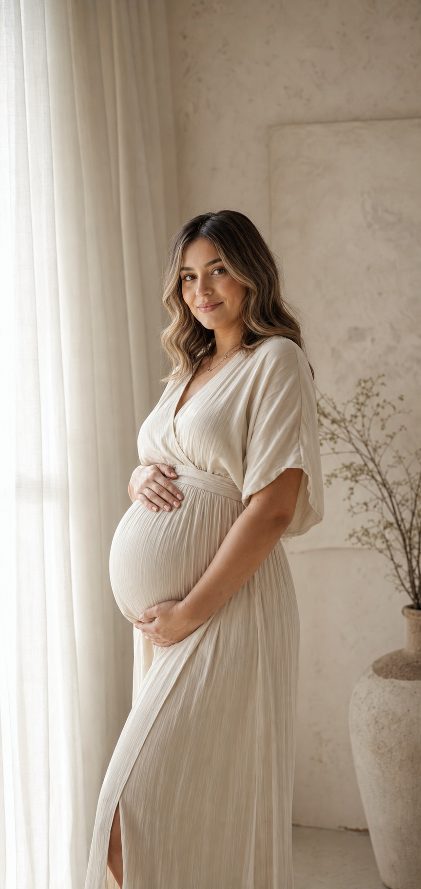 Expectant mother standing in soft window light.